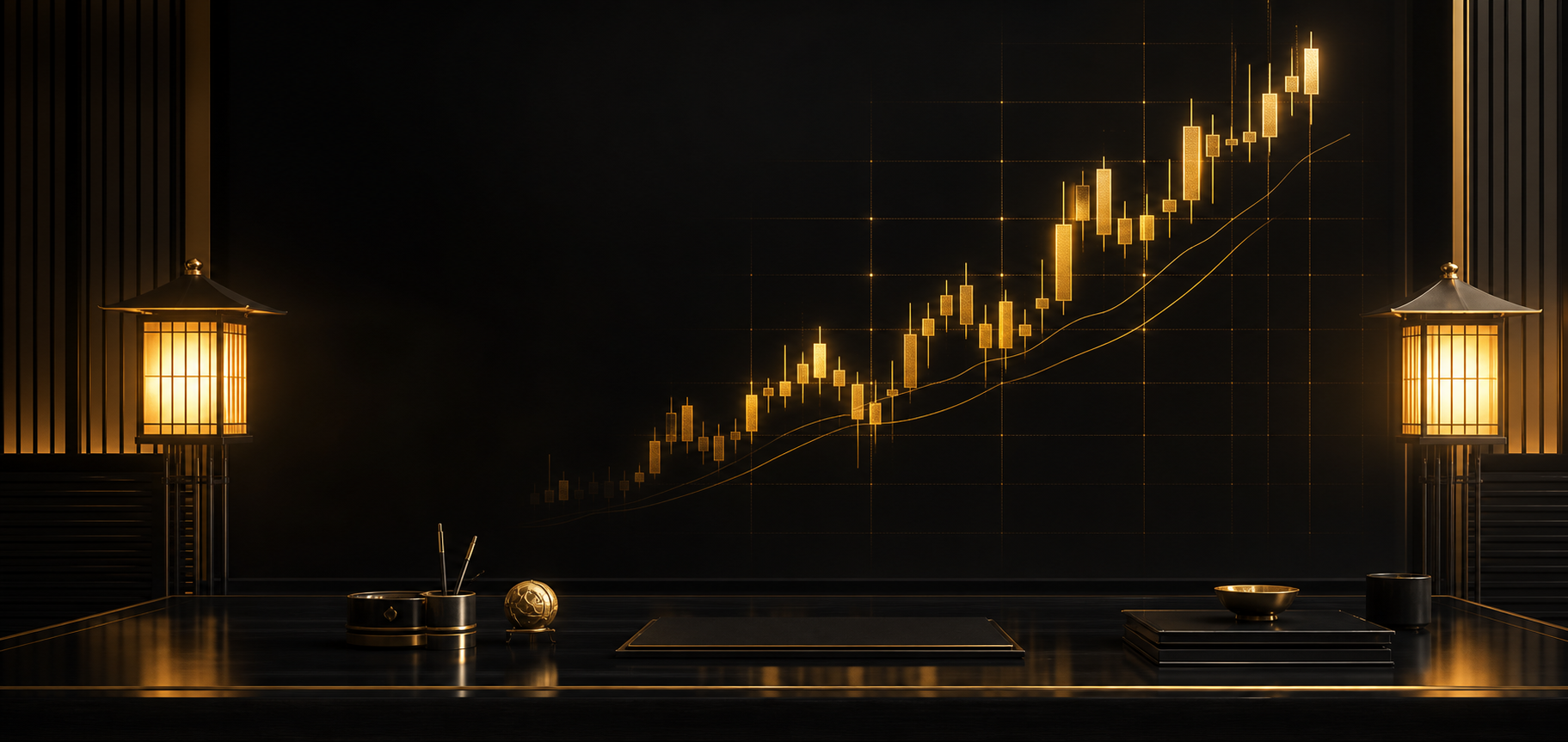 Gold Japanese candlestick chart inside the Zenith Academy trading room